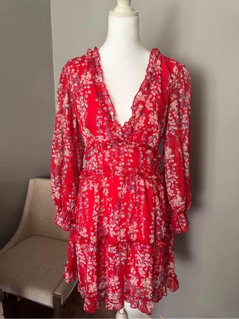 Red Floral Ruffle V-Neck Long Sleeve Dress
